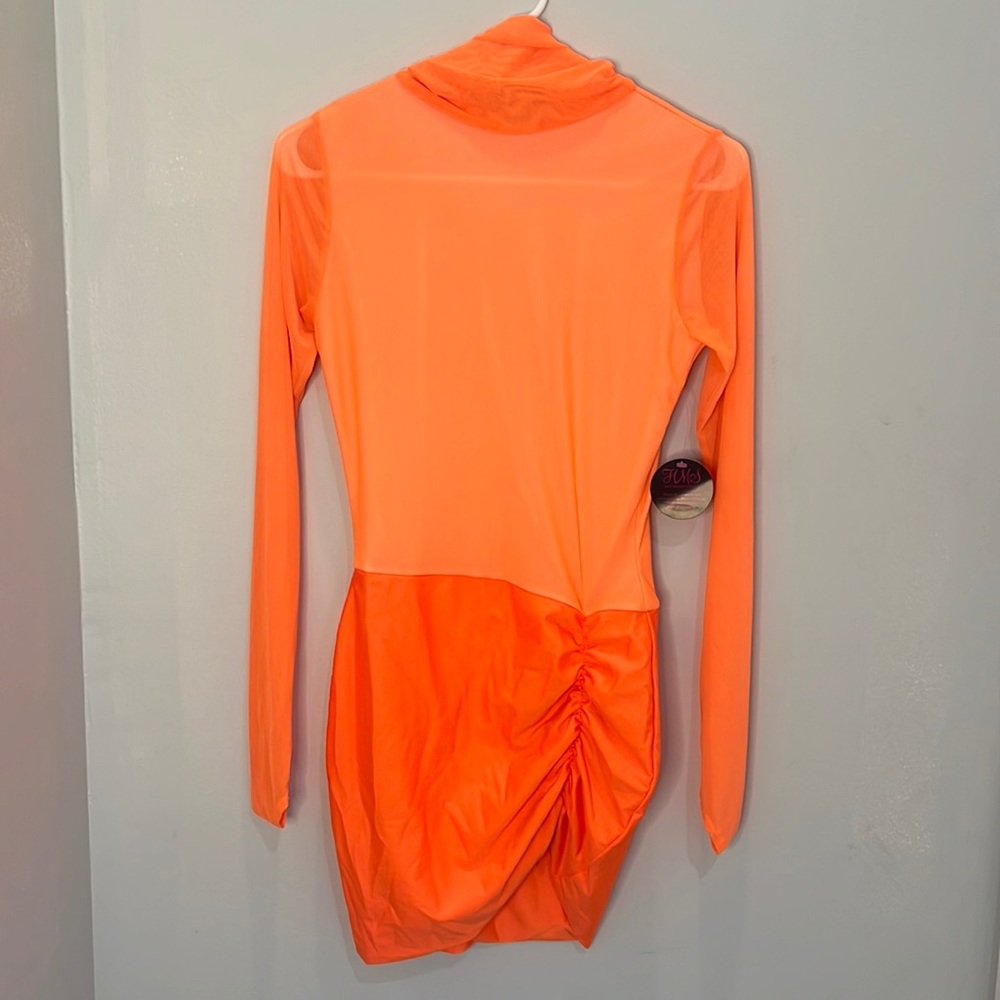Neon orange mesh dress. Long sleeve, high stretch. With mesh turtle neck.